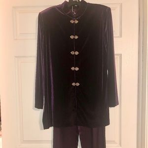 Elegant evening pantsuit, deep burgundy velvet tunic with satin pants